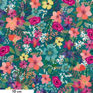 Tissu patchwork brassée de fleurs fond vert - Magic Friends de Mia Charro