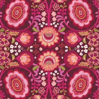 Tissu patchwork Khokhloma fleurs rose bordeaux - La vie en Rose