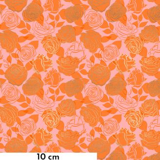 Tissu patchwork roses doré et orange fond rose - Curio