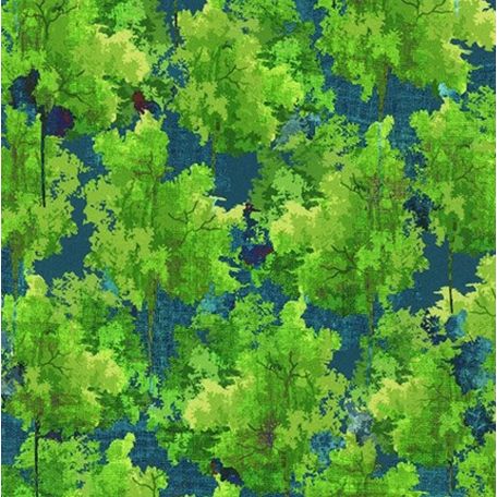 Tissu patchwork arbres verts fond canard