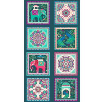 Panneau de tissu patchwork vignettes indiennes, éléphants et mandalas - Jaipur