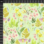 Tissu patchwork vert d'eau colibri, fleurs et insectes - Anew