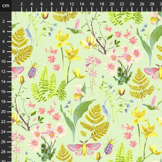 Tissu patchwork vert d'eau colibri, fleurs et insectes - Anew