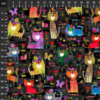 Tissu patchwork Chats multicolore fond Noir - Catsville