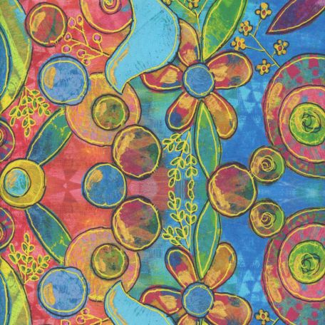 Tissu patchwork - multicolore oiseaux bleus et fleurs - Garden Delight de Sue Penn