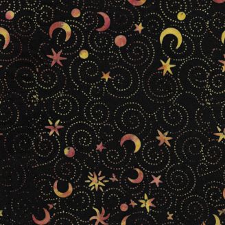 Tissu batik Noir avec lune et étoiles orange