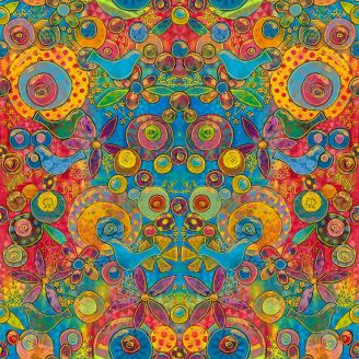 Tissu patchwork multicolore oiseaux bleus et fleurs - Garden Delight de Sue Penn