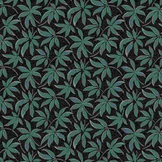 Tissu patchwork noir feuilles bleu paon