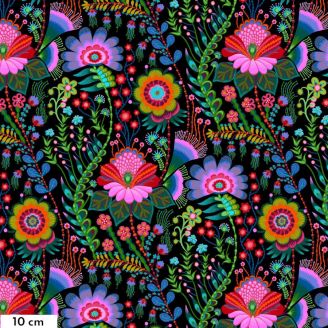 Tissu patchwork fleurs multicolores variées fond noir Sunseekers - Brave de Anna Maria Horner