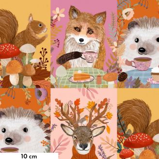 Tissu patchwork portraits renard, cerf, écureuil et hérisson - Autumn Friends de Mia Charro (31 cm)