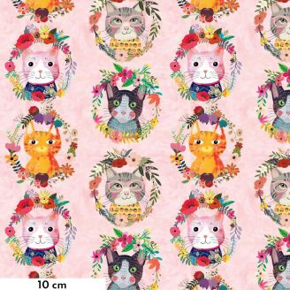 Tissu patchwork rose chatons dans couronne de fleurs - Floral Pets de Mia Charro