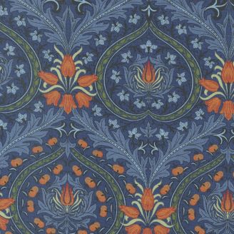 Tissu patchwork William Morris médaillon tulipes oranges fond bleu guède - Morris Meadow