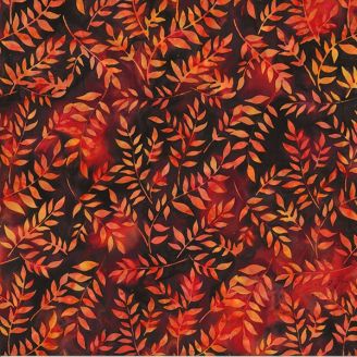 Tissu Batik marron avec feuilles oranges