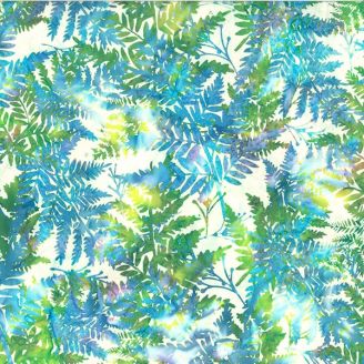 Tissu Batik divers feuillages bleus et verts