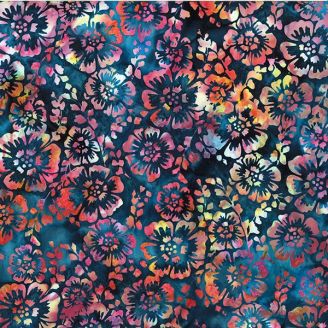 Tissu Batik Bleu pétrole avec fleur rose