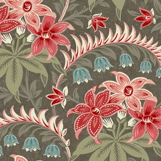 Tissu patchwork taupe foncé fleurs roses et clochettes bleues - Tradewinds de Renée Nanneman