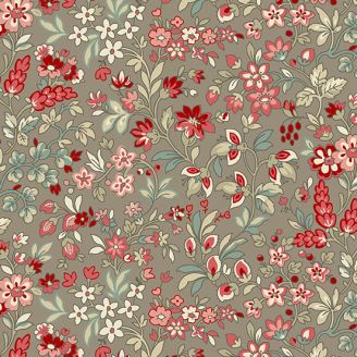 Tissu patchwork taupe avec fleurs rouge - Tradewinds de Renée Nanneman