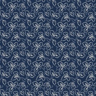 Tissu patchwork bleu saphir feuilles blanches - Lexington