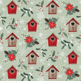 Tissu patchwork de Noël vert nichoirs et poinsettias - Chickadee Christmas Choir