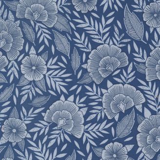 Tissu patchwork bleu foncé fleurs ton sur ton - Flower Press