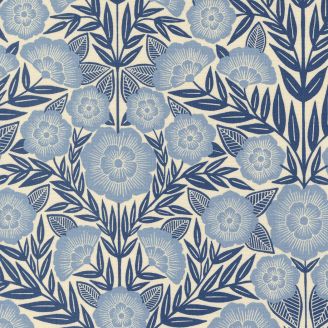 Tissu patchwork écru fleurs et feuilles bleues - Flower Press