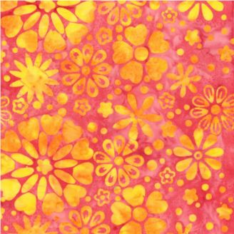 Tissu batik rose fleurs variées jaunes