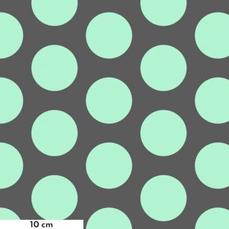 Tissu patchwork gris à très gros pois vert jade "Dinosaure eggs" - Roar de Tula Pink