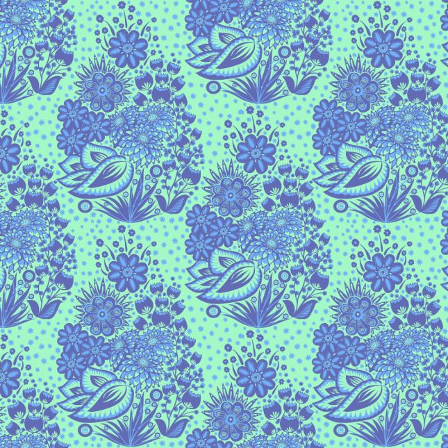 Tissu patchwork bleu turquoise et bouquets de fleurs stylisées bleues - Overdressed de Anna Maria Textiles