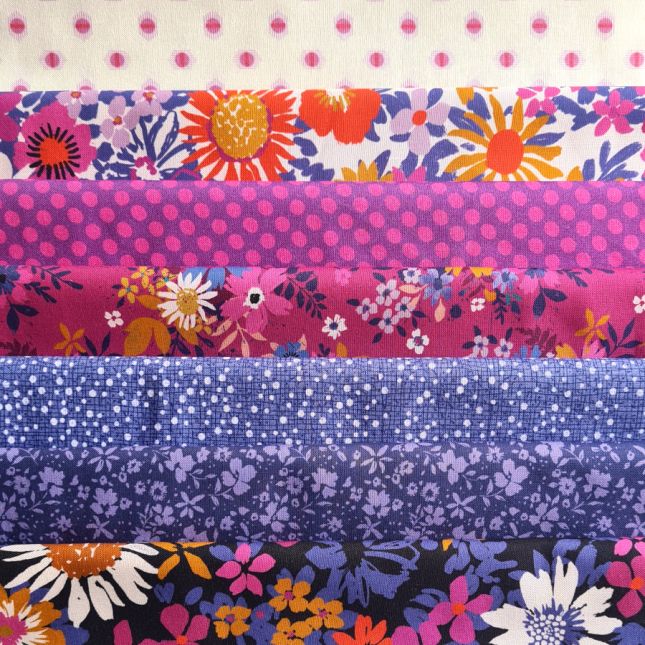 7 coupons de tissus patchwork Maeve bleu rose