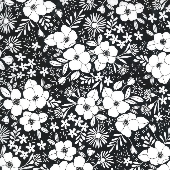 Tissu patchwork noir fleurs blanches sixties