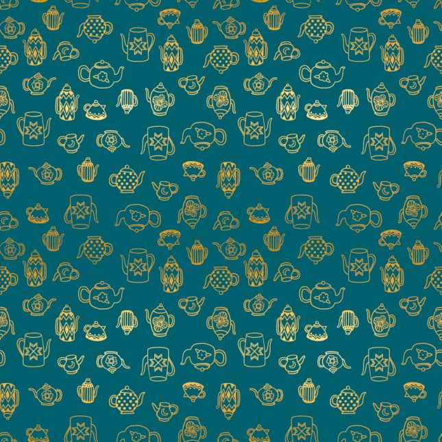 Tissu patchwork bleu canard théières dorées