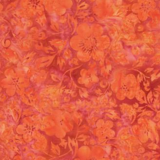 Tissu Batik fleurs et feuilles orange vermillion