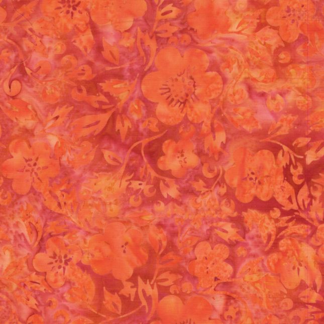Tissu Batik fleurs et feuilles orange vermillion Tissu Batik fleurs et feuilles orange vermillion