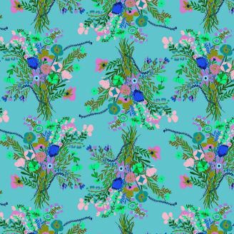 Tissu patchwork bleu ciel bouquets de fleurs Harmony