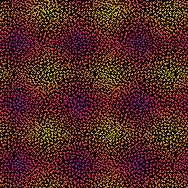 Tissu patchwork noir chrysanthèmes sunset VIVID Tissu patchwork noir chrysanthèmes sunset VIVID