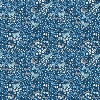 Tissu patchwork bleu bucolique fleurs et papillons WHIMSY
