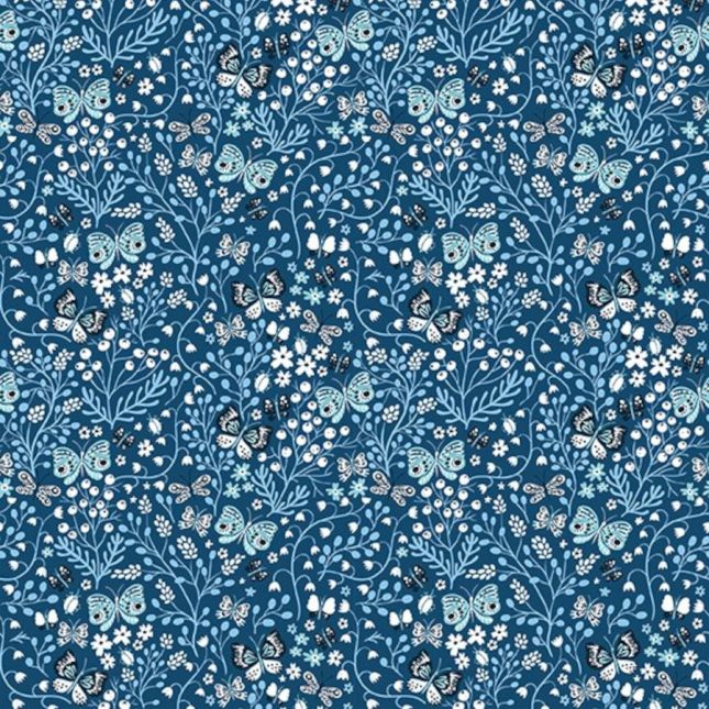 Tissu patchwork bleu bucolique fleurs et papillons WHIMSY Tissu patchwork bleu bucolique fleurs et papillons WHIMSY