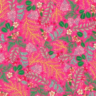 Tissu patchwork rose fuchsia hibiscus et branches Faraway Florals