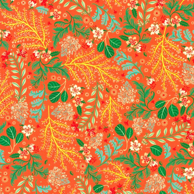 Tissu patchwork rouge tangerine hibiscus et branches Faraway Florals Tissu patchwork rouge tangerine hibiscus et branches Faraway Florals
