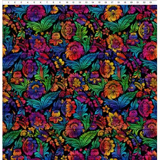 Tissu patchwork noir grandes fleurs multico VIVID