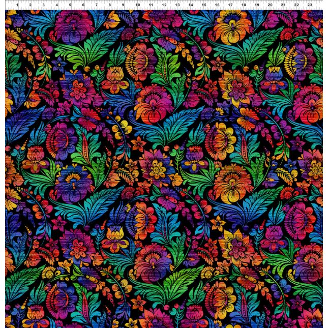 Tissu patchwork noir grandes fleurs multico VIVID Tissu patchwork noir grandes fleurs multico VIVID